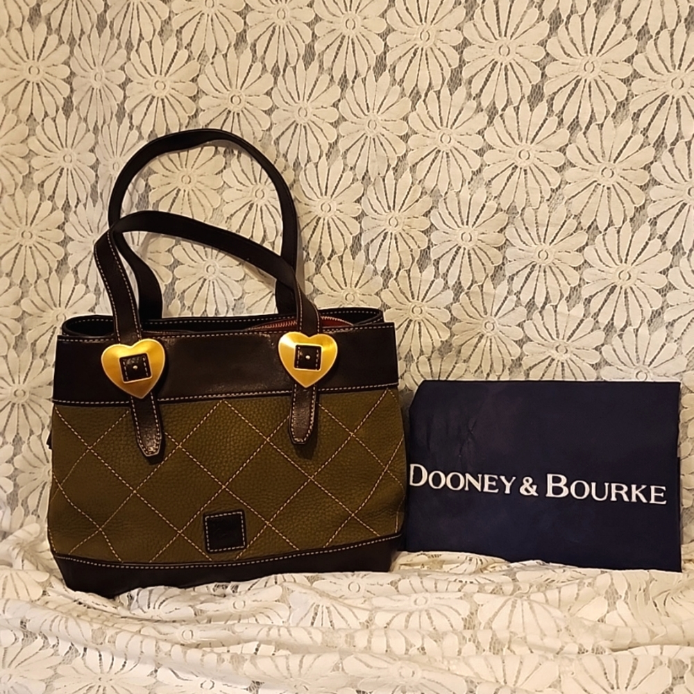 Dooney&Bourke brown and olive leather satchel handbag approx 10"x5 1/2"x8 1/4"